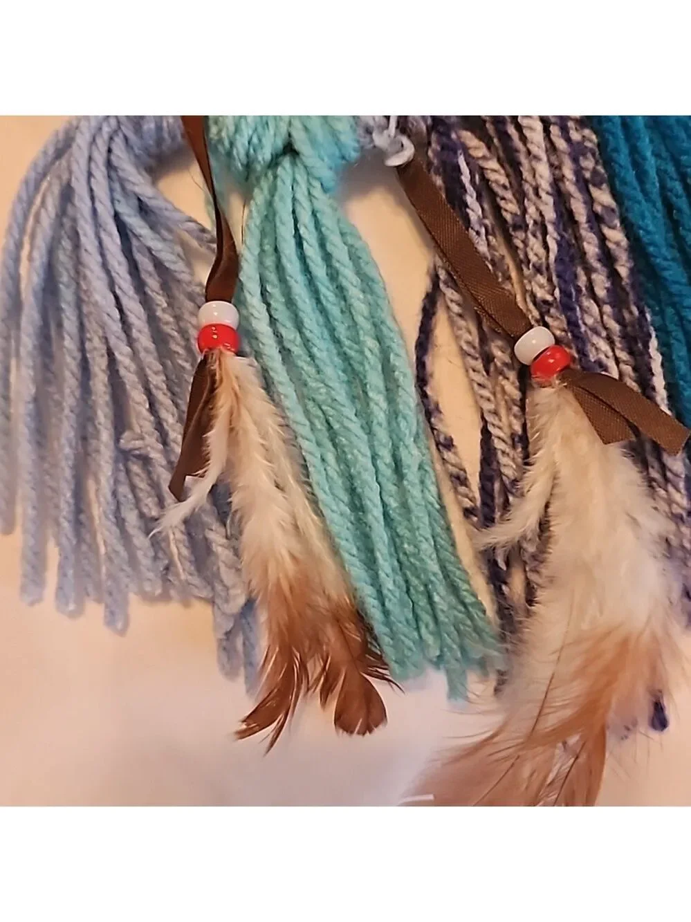 Hand Knit Crochet Dreamcatcher Brown Blue Yarn Feathers